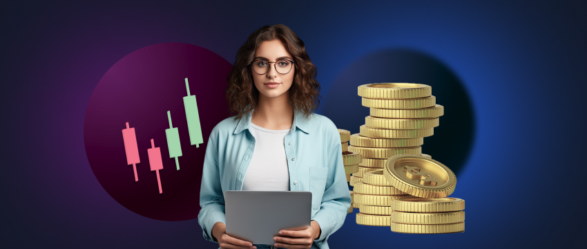 An image of a woman holding a tablet, showing a chart with coins, represents a successful forex trader