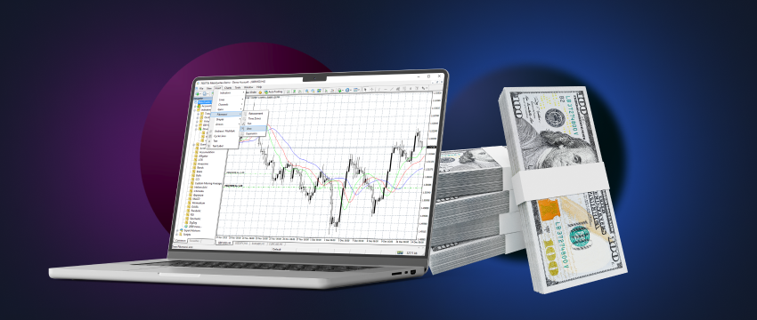 Online forex trading on laptop with money - a digital platform for trading currencies.