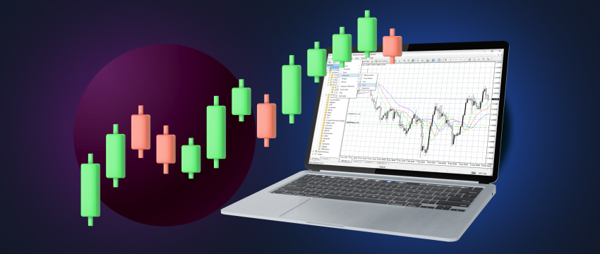 A laptop computer with a forex stock chart on it. The chart shows a rising trend, with green bars indicating positive returns. Mt4 platform screen with charts