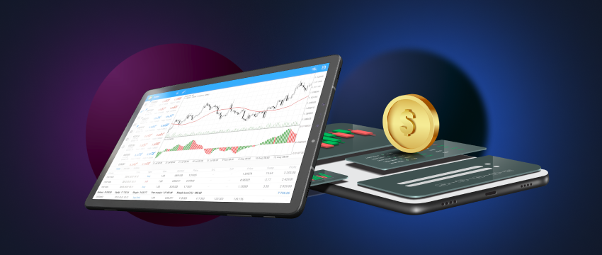 A tablet displaying a forex trading platform (MT4) with currency charts, used by traders to make money through forex trading