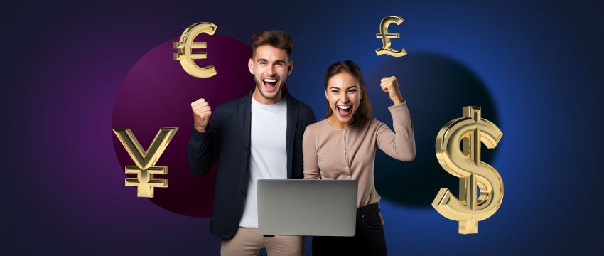 A successful forex trader couple proudly display their laptops with dollar signs and euro symbols, symbolizing financial success.