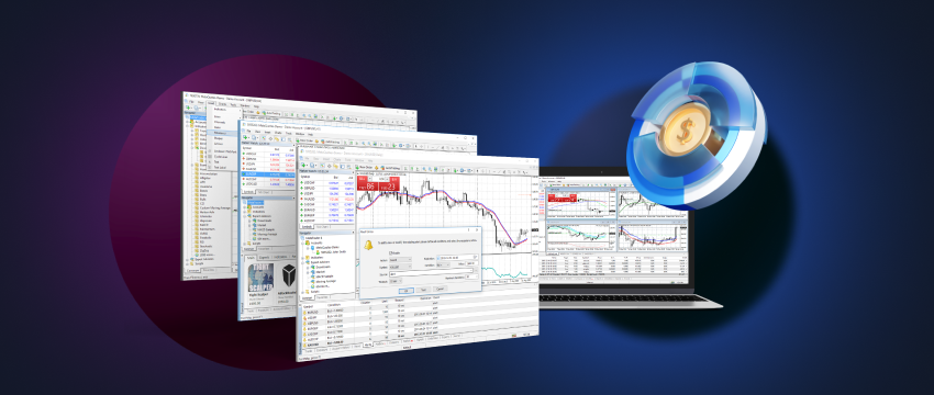 A laptop computer with multiple mt4 screens and a coin flying out of it. The screens show financial trading forex charts and the btc coin has the number 113 on it.