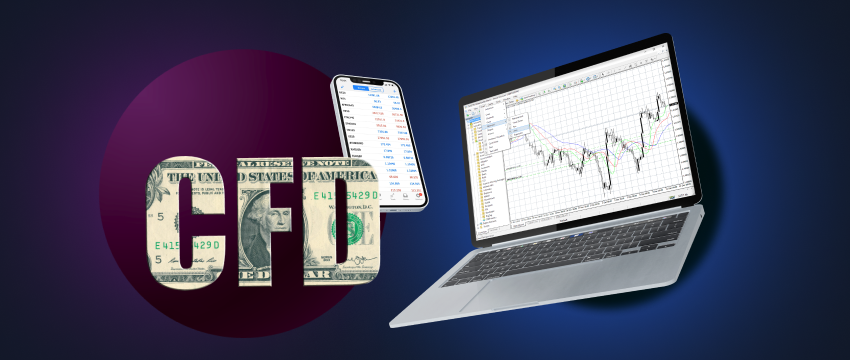 A laptop displaying the MT4 trading platform, with a chart showing forex trading using CFDs.