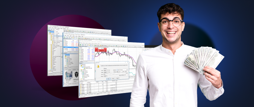 Ein erfolgreicher Händler, der Geld in der Hand hält und auf einen Computerbildschirm blickt, während er Handelsaktivitäten durchführt.