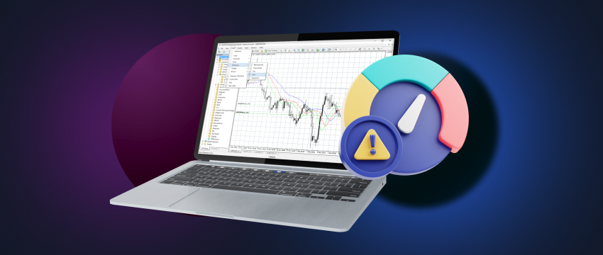 Ordenador portátil que muestra el gráfico de divisas sobre fondo azul, destacando las tendencias del mercado y los riesgos potenciales. Plataforma MT4 y advertencias incluidas.