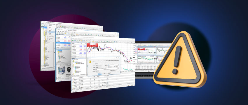 Señal de advertencia y gráfico bursátil en pantalla de ordenador que ilustran los riesgos y advertencias del mercado de divisas.