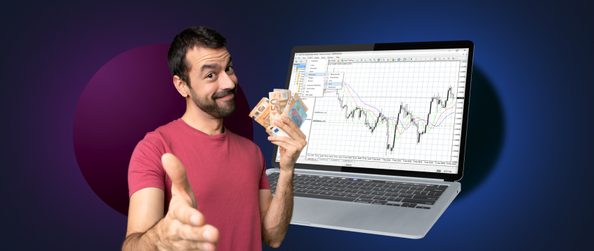 A successful trader holds up a laptop displaying a chart, representing his trading achievements.