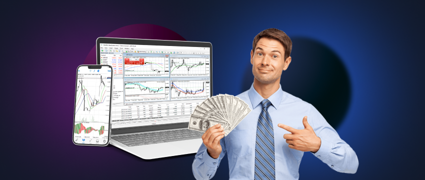 A successful trader holds money and a laptop, symbolizing success in trading.