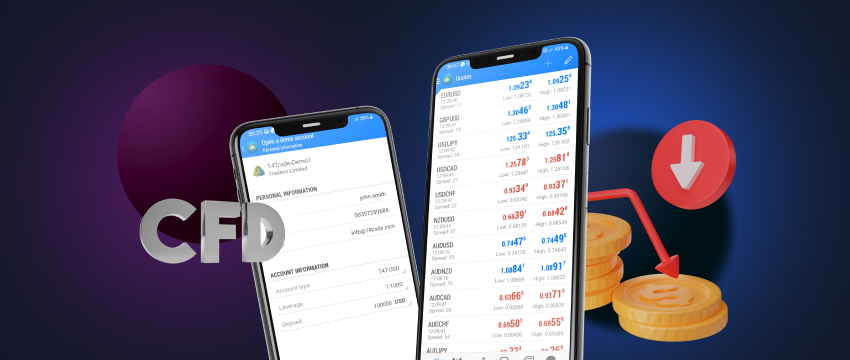 Mobile trading app displaying forex and CFD trading options with coins symbolizing cryptocurrency trading.