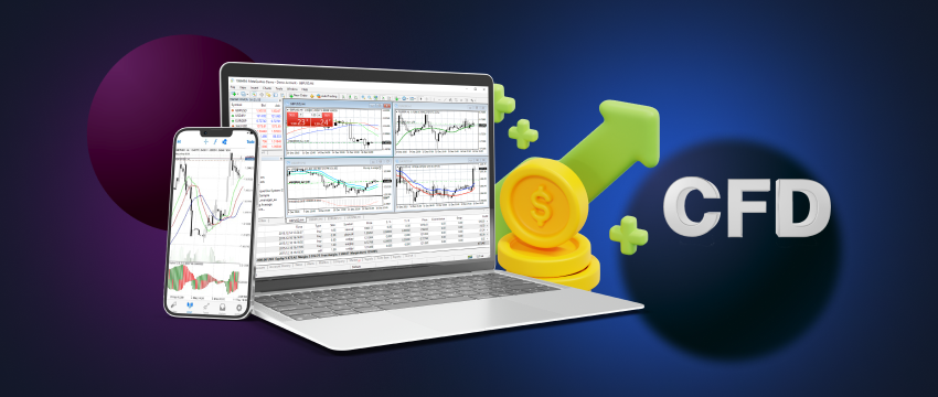 An image showing a trading platform with the logo "MT4" displayed. The platform is used to trade CFDs and dividends.