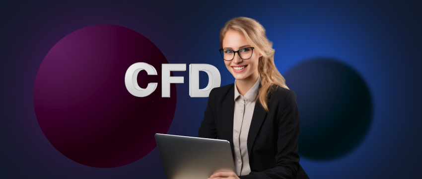 A professional woman in glasses and a suit holding a laptop displaying the word "CFD", indicating her involvement in trading.