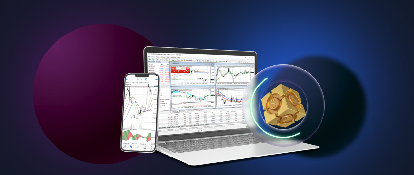 A laptop displaying MetaTrader 4, a platform for trading forex, with charts and indicators.