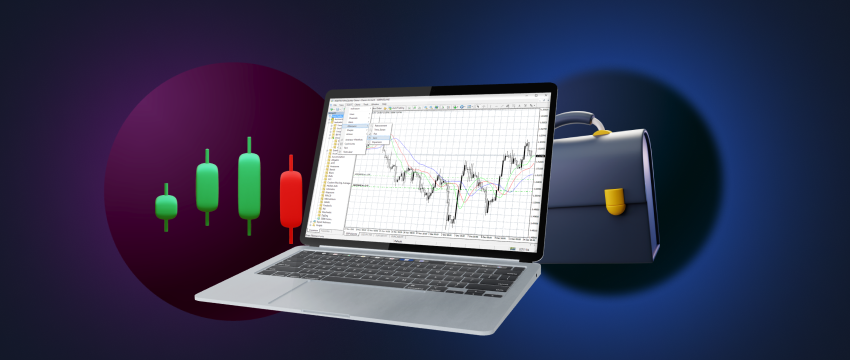 Online forex trading using laptop and candlestick analysis.