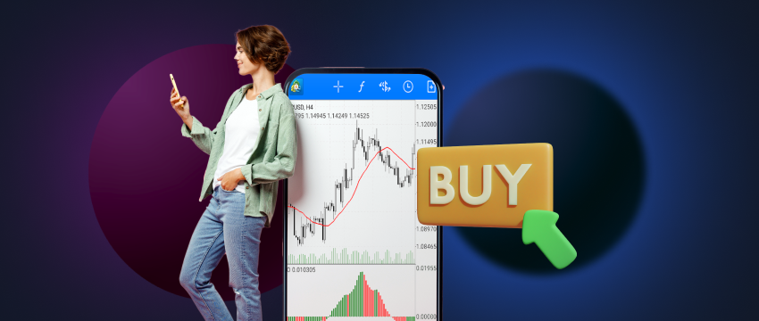 A graphic showing a mobile screen with a chart displaying buy, sell, and CFD options.
