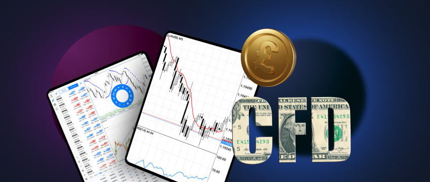 Una tableta que muestra la plataforma de negociación de divisas MT4, con gráficos e indicadores de CFD. Aprenda a operar en divisas con CFD.