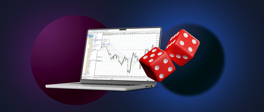 A laptop screen showing a dice and a casino game, illustrating gambling and trading.