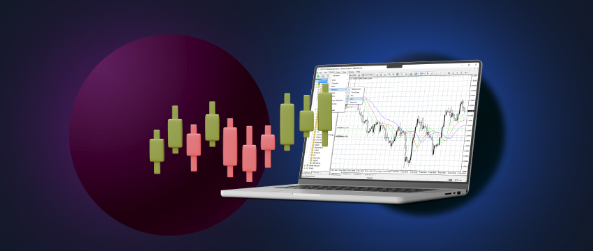 A laptop displaying a chart and a candle on its screen, representing trading on the MetaTrader 4 platform.
