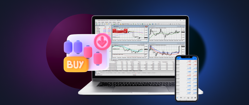 Image of forex trading software for buying and selling, accessible on mobile and laptop devices.