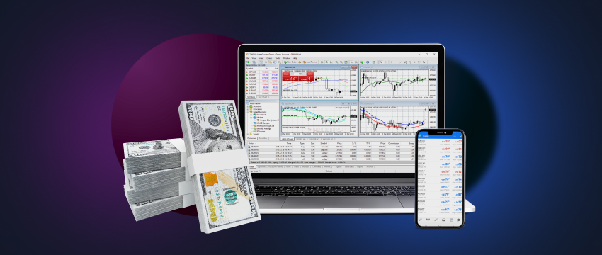 A laptop and phone displaying forex trading on a day trading platform.