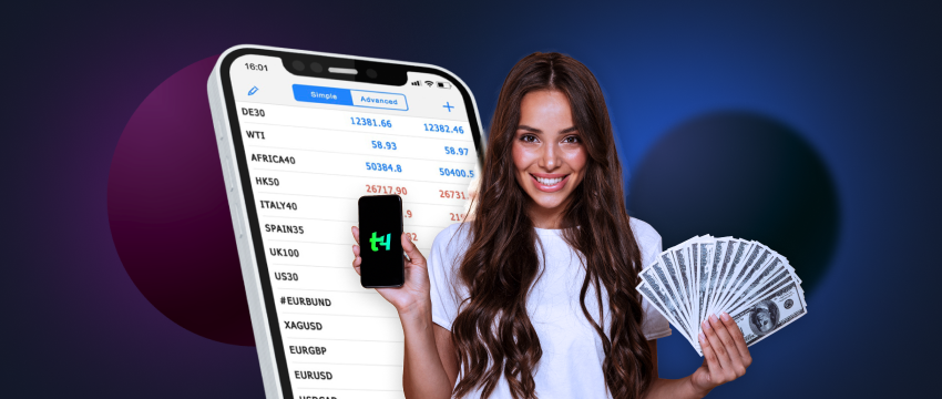A successful woman trader using the mobile MT4 platform for trading.