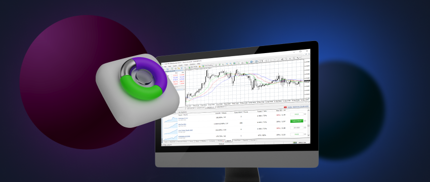 Computer monitor displaying green and purple circle, symbolizing success in trading on MT4 platform.