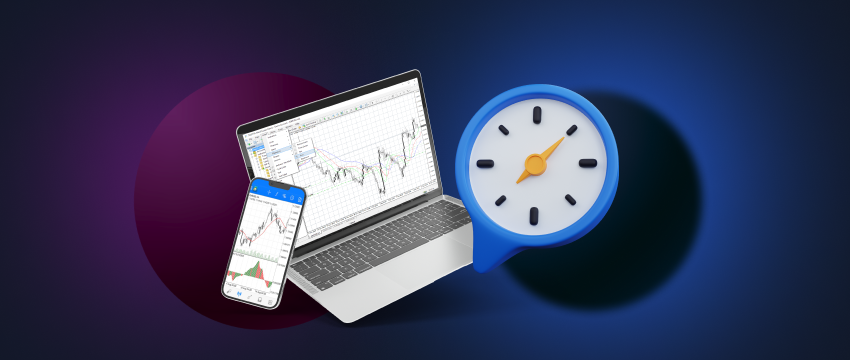 A laptop displaying forex trading charts with a clock in the background, symbolizing the daily trading hours.
