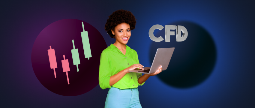 A woman with a laptop, candlesticks, and a CFD logo, illustrating the process of making money with CFDs