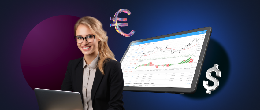 Businesswoman in glasses and formal attire using laptop with currency symbol for CFD broker analysis