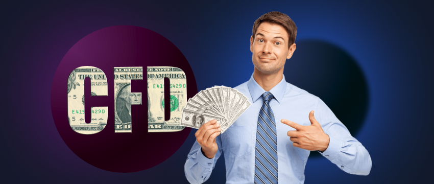 A professional holding money with a CFD logo behind him, illustrating the concept of making money with CFDs