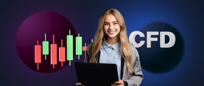A woman holding a laptop showing a stock chart with "CFD" written on it, symbolizing MT4 platform analysis.
