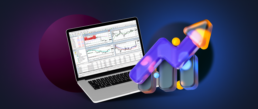 Forex trading software on a laptop screen with MT4 platform showing an upward arrow.