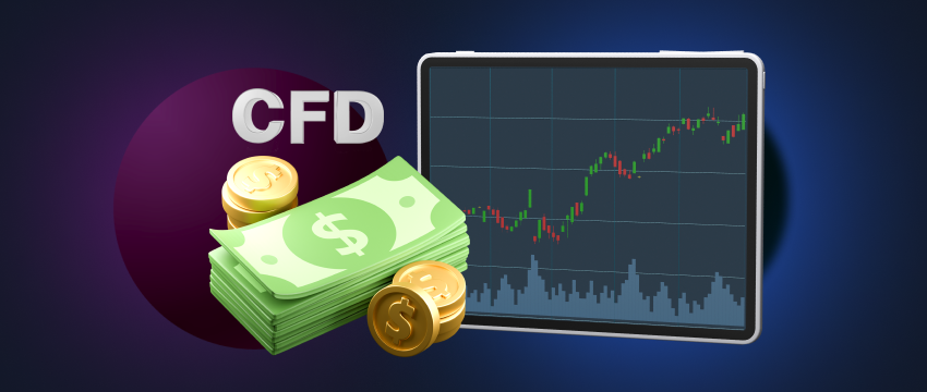 A tablet displaying a candlestick chart for forex trading with CFD money.