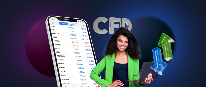 A mobile device displaying a CFD trading platform allowing traders to trade CFDs on various financial instruments.