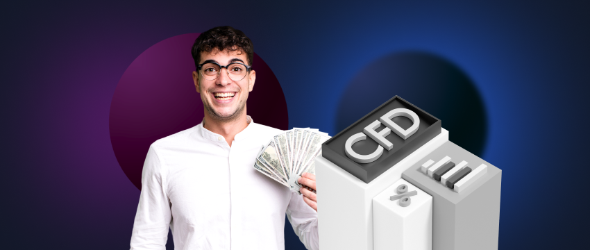 A trader holding money with the CFD logo next to him.