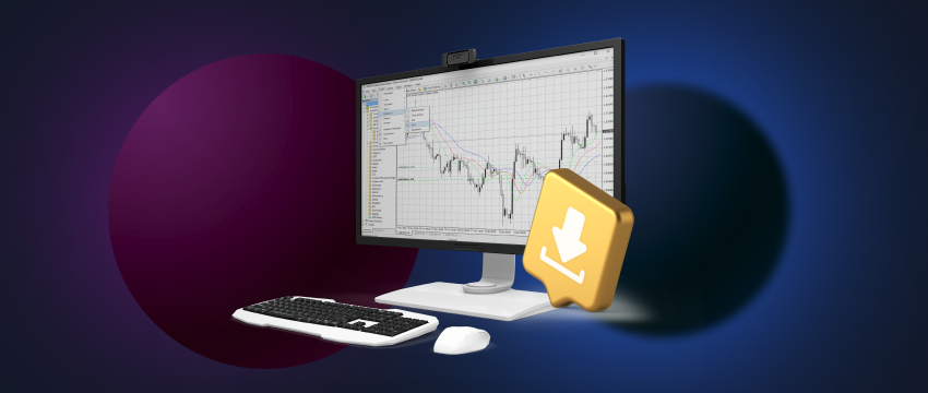 Computer monitor displaying Metatrader 4 interface with a yellow arrow and mouse cursor. Free download available.