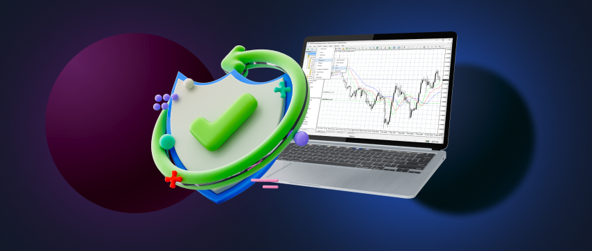 A laptop displaying forex trading charts next to a shield. MT4, Metatrader 4, trusted online trading platform.