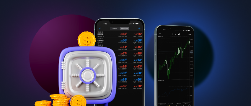 A smartphone displaying a trading app with Metatrader 4 platform, requiring a minimum deposit.
