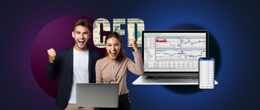 Two people holding laptops with 'CFD' displayed, symbolizing cfd, broker, trading.
