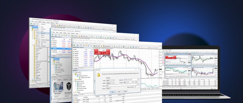 Image of a laptop and monitor displaying various trading platforms including MetaTrader and MT4 for analysis.