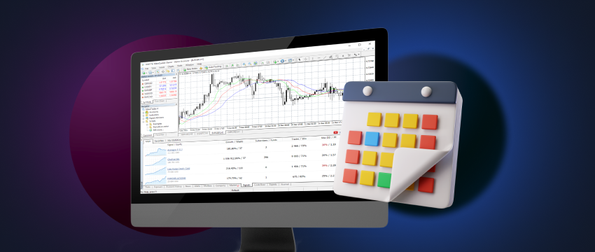 Image of forex trading calculator with trade, calendar, mt4, weekends features.