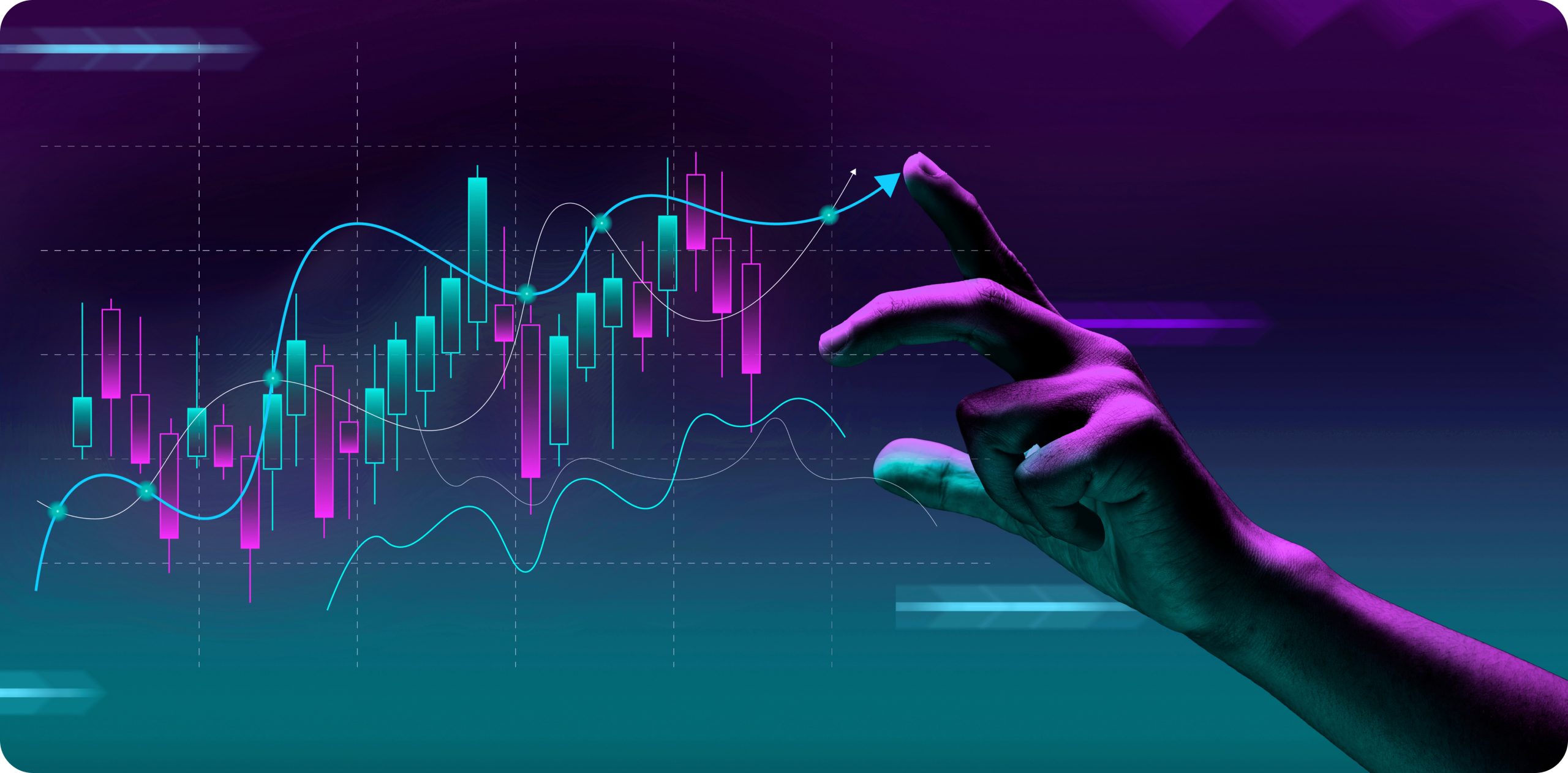 Een handbeweging wijst naar een swing trading-grafiek op een opvallende paarse achtergrond, waarbij de belangrijkste marktbewegingen en gegevens worden benadrukt.