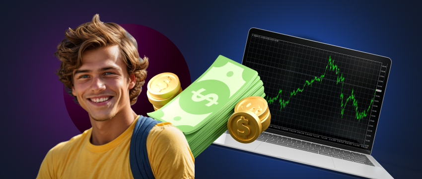 Um homem com um laptop e dinheiro, representando o trading forex e o sucesso financeiro por meio da troca de moedas.