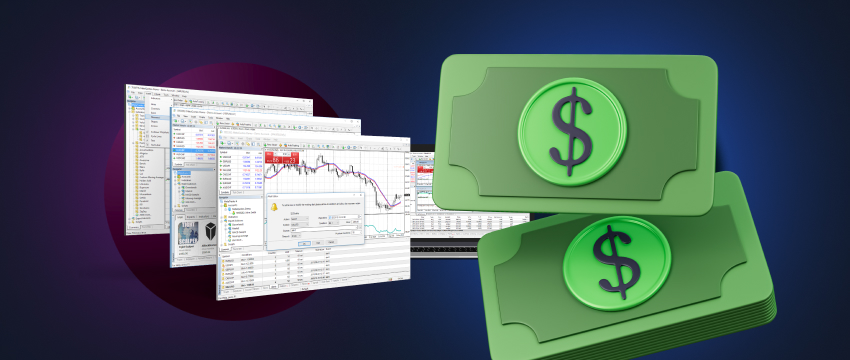 Representação visual do trading forex, com ênfase em moedas e dinheiro, focando em negociações vencedoras na plataforma MT4.