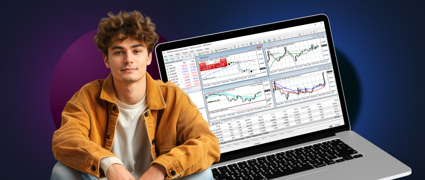Um homem analisa um gráfico de ações no seu laptop, utilizando o MetaTrader 4 (MT4), uma plataforma ideal para traders iniciantes.