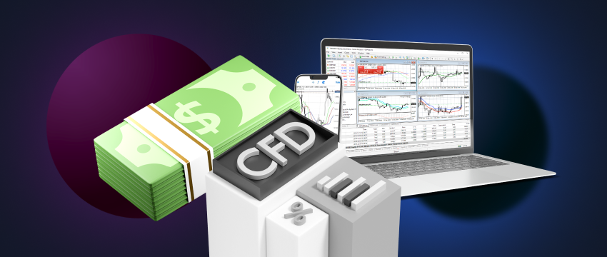 Trading de forex representado en la pantalla de un portátil utilizando la plataforma MetaTrader 4, destacando los CFD y las oportunidades de inversión.