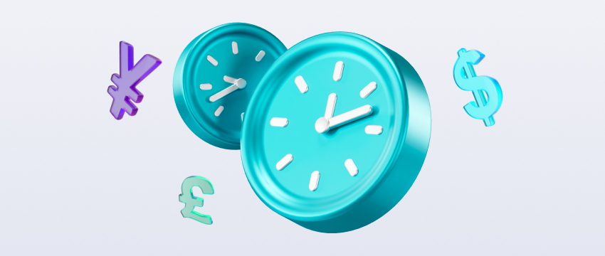 A clock and a dollar sign surrounded by various currency symbols, representing forex market trading hours.