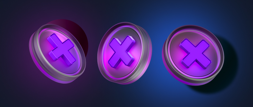 Un fondo oscuro con tres X moradas, que representan los obstáculos que enfrentan los traders de forex en los problemas del mercado.