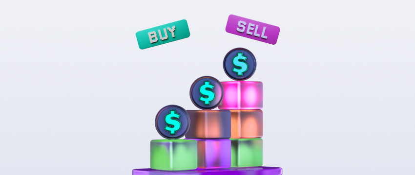 Colorful cubes and a dollar sign in a 3D illustration symbolizing the buy-sell concept for market sentiment analysis.