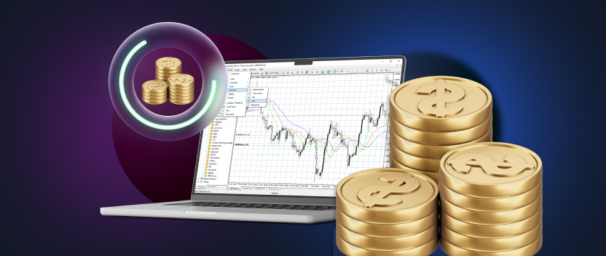 Uma representação concisa de estratégias de negociação forex para lucro, destacando o Metatrader 4 e o uso de moedas.