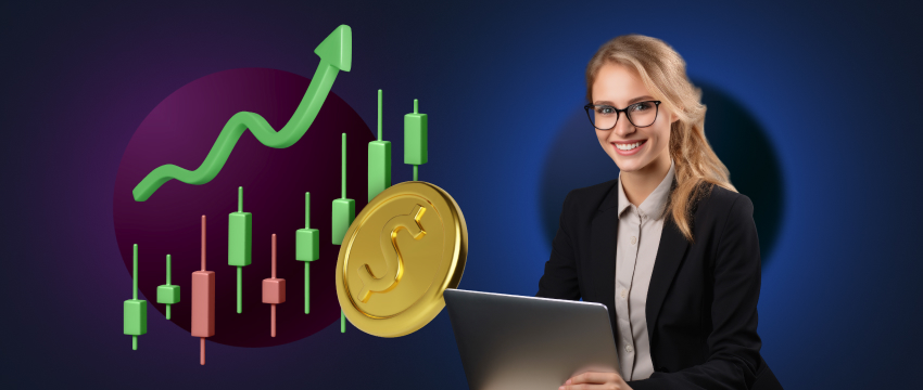 Uma mulher trader bem-sucedida de óculos segura um laptop com gráficos profissionais e uma moeda de ouro, representando suas conquistas no trading de Forex.